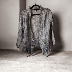 White House Black Market - Fringed Blue and White  open front Cardigan Large